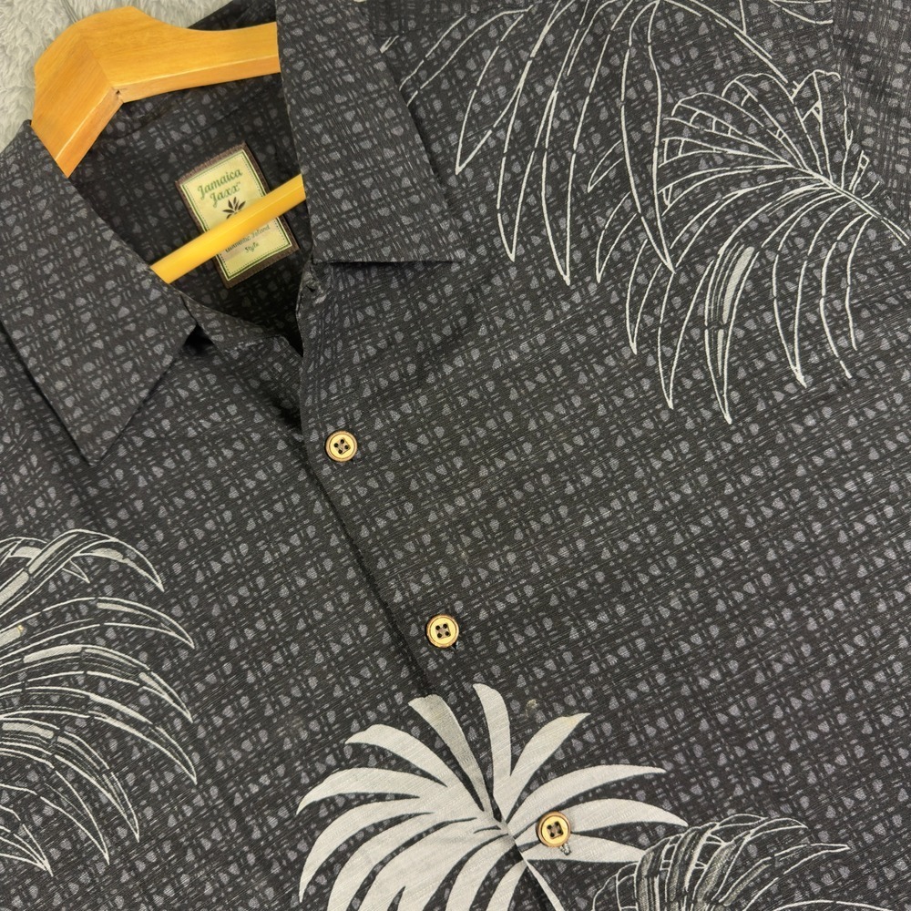 Jamaica Jaxx Mens XL Silk Button Down Shirt Palm Leaf Tropical Charcoal Grey